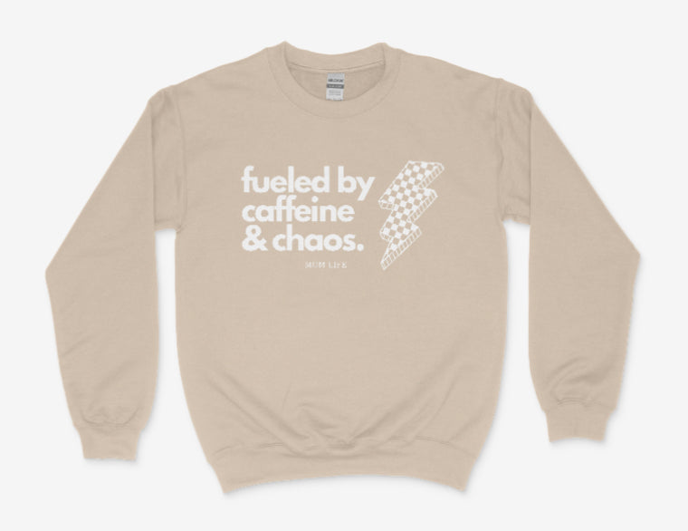 Caffeine and Chaos Crewneck white